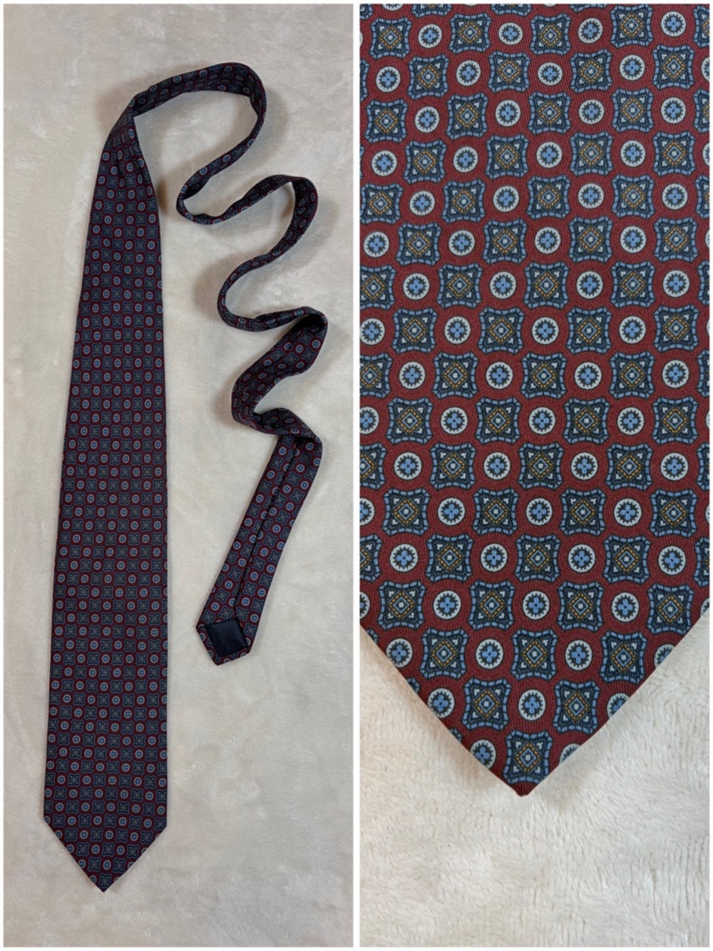 Sartoria Attolini‎ Napoli Men's Geometric Burgundy Blue Yellow Silk Classic Tie